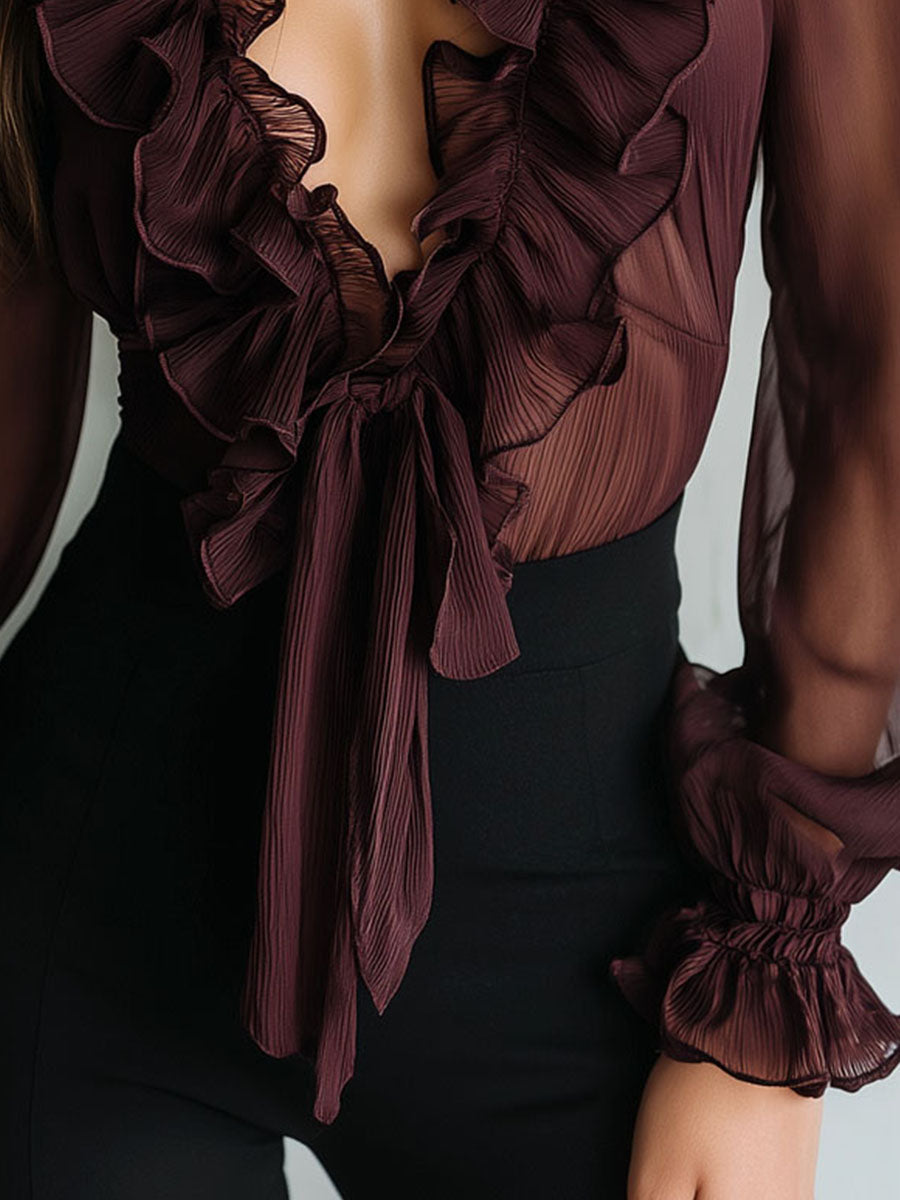 Antonia-Blusa Retro con Volantes y Lazo Frontal