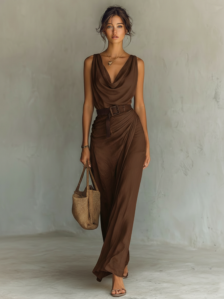Maxi-Vestido minimalista sin mangas con cuello vuelto y cinturón