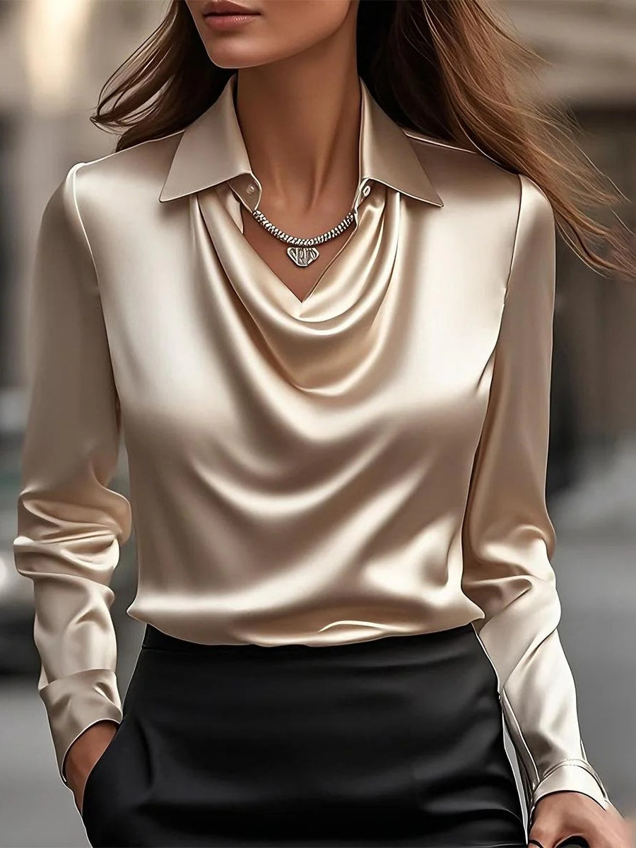 Lucia-Camisa superior sencilla con cuello de péndulo y estampado floral de satén sólido