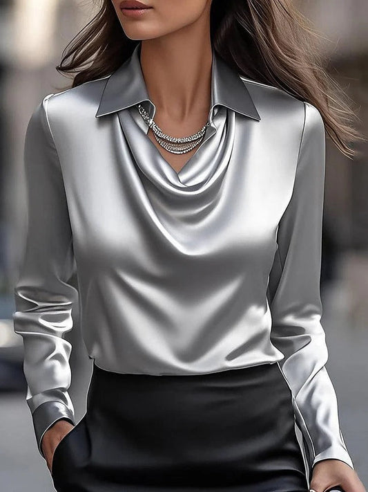 Lucia-Camisa superior sencilla con cuello de péndulo y estampado floral de satén sólido