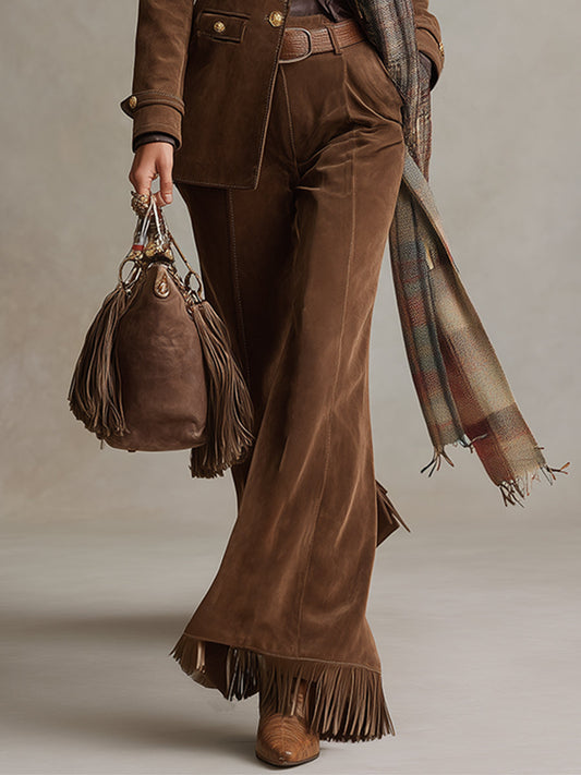 Vega-Pantalones acampanados con borlas de ante sintético marrón retro versátiles
