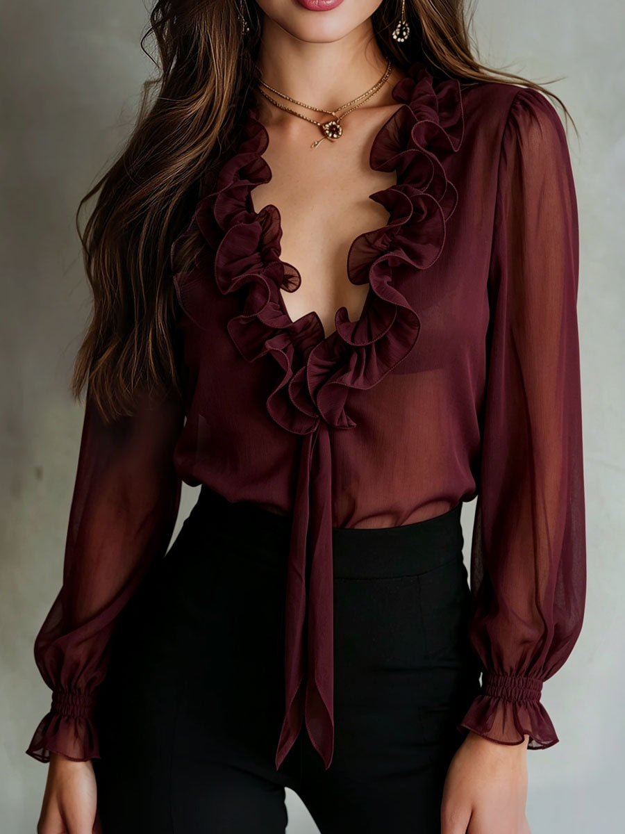 Antonia-Blusa Retro con Volantes y Lazo Frontal