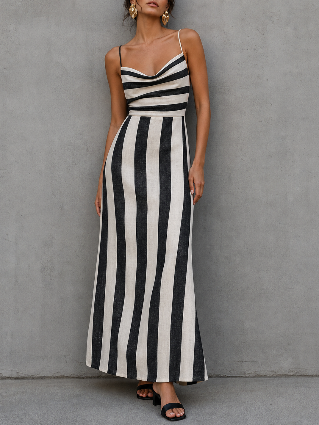 Francisca-Vestido largo maxi con cuello cisne a rayas