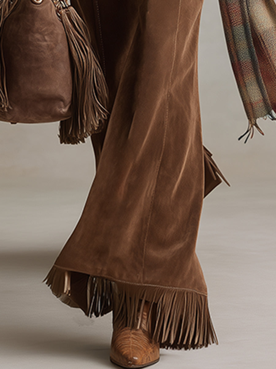 Vega-Pantalones acampanados con borlas de ante sintético marrón retro versátiles