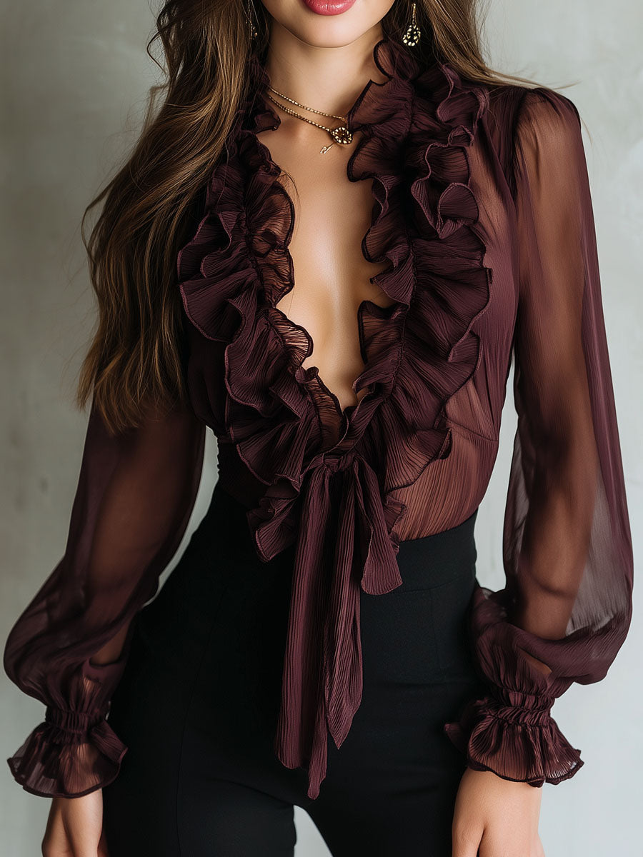 Antonia-Blusa Retro con Volantes y Lazo Frontal