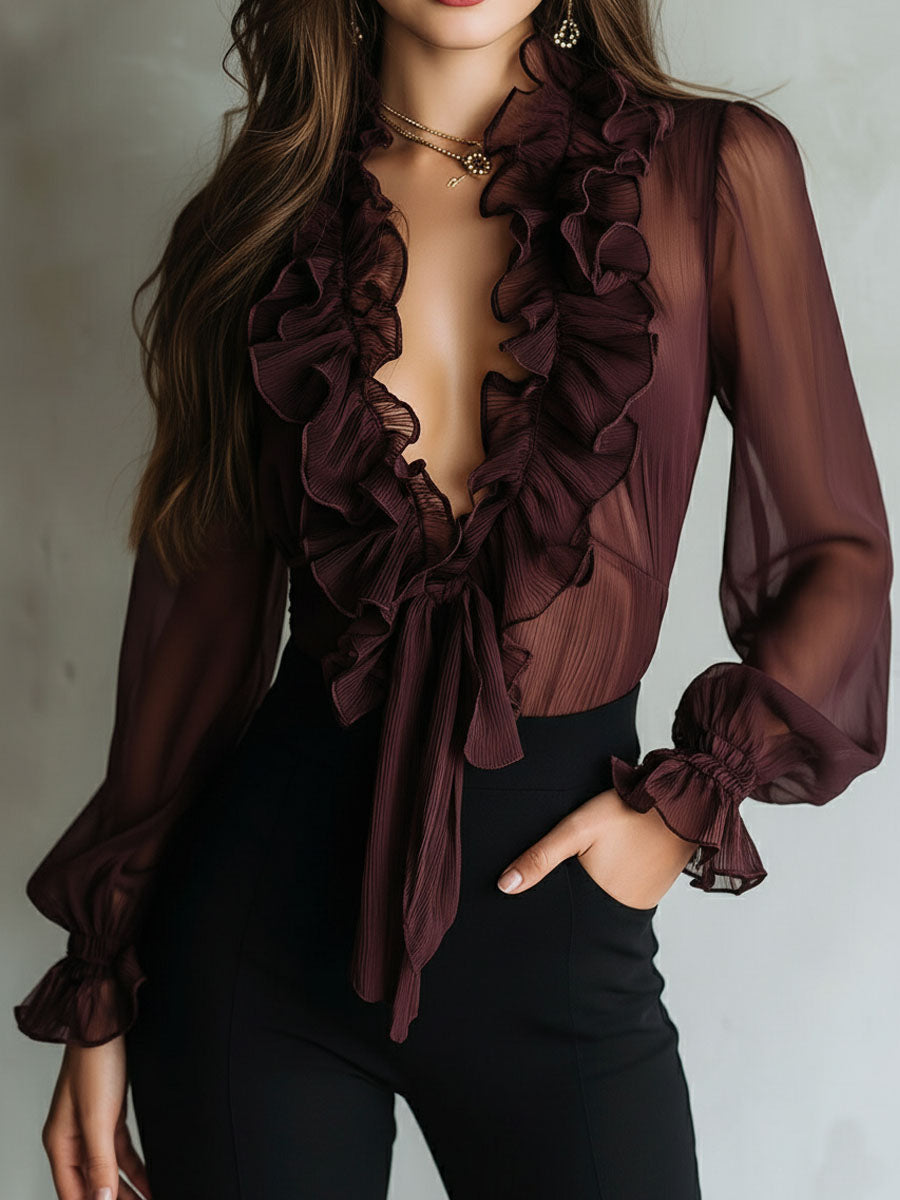 Antonia-Blusa Retro con Volantes y Lazo Frontal