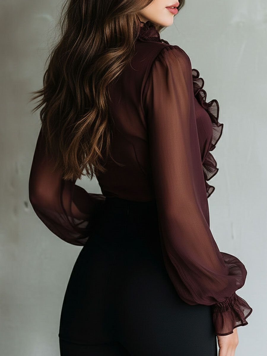 Antonia-Blusa Retro con Volantes y Lazo Frontal