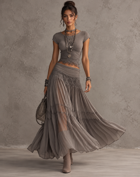 Carmen | Conjunto de blusa gris con paneles de encaje y falda larga plisada