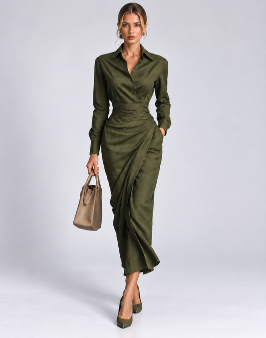 Martina | Vestido largo mezclado de algodón verde ejército