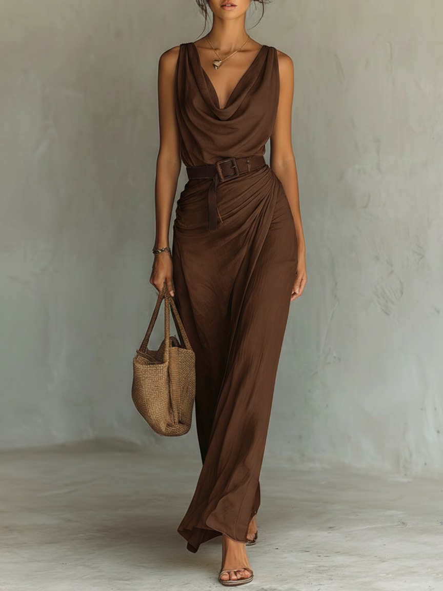 Maxi-Vestido minimalista sin mangas con cuello vuelto y cinturón