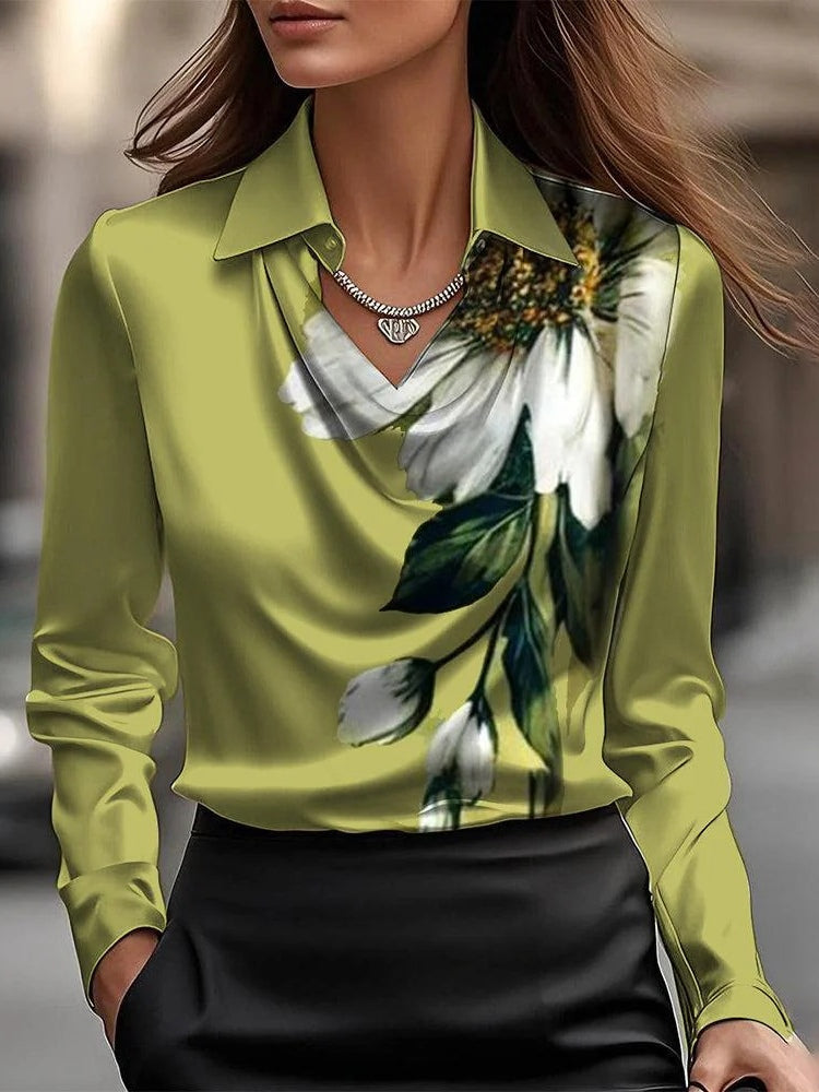 Lucia-Camisa superior sencilla con cuello de péndulo y estampado floral de satén sólido