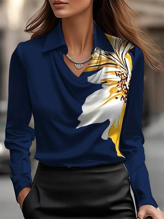 Lucia-Camisa superior sencilla con cuello de péndulo y estampado floral de satén sólido