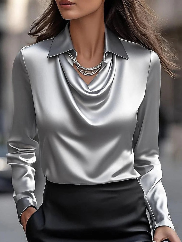 Lucia-Camisa superior sencilla con cuello de péndulo y estampado floral de satén sólido