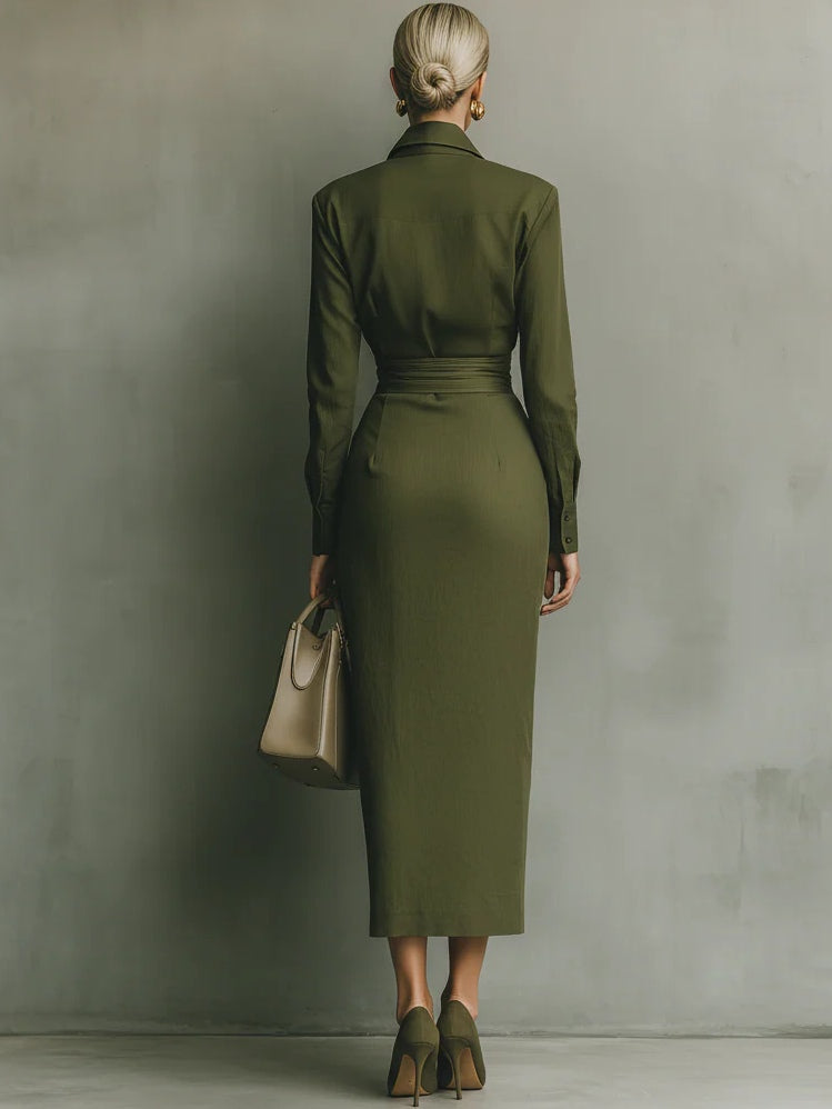 Martina-Vestido largo mezclado de algodón verde ejército