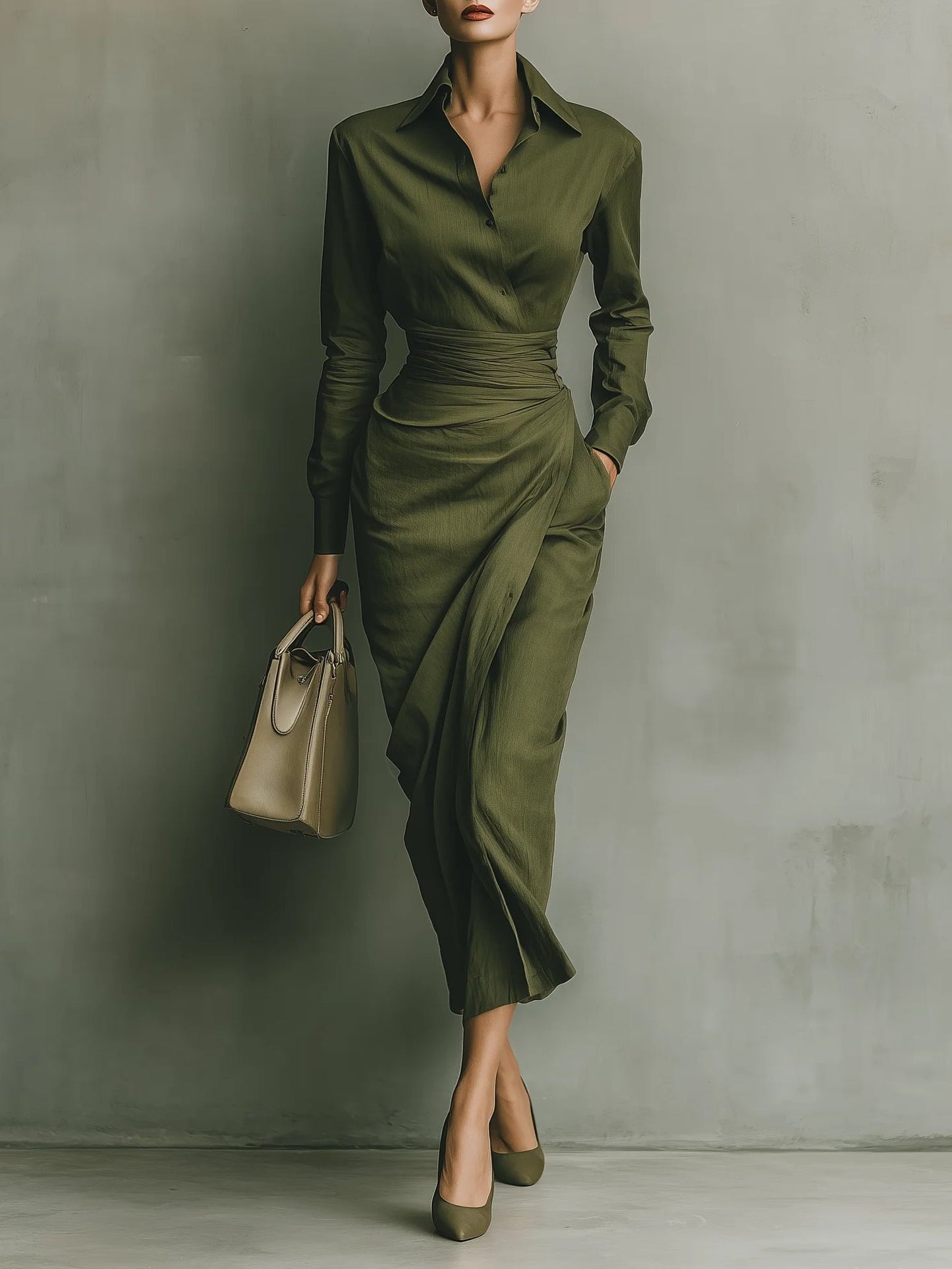 Martina-Vestido largo mezclado de algodón verde ejército