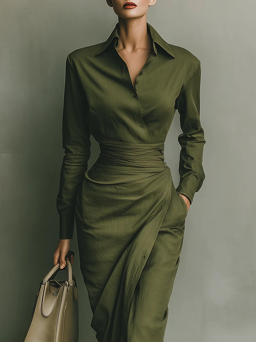 Martina-Vestido largo mezclado de algodón verde ejército