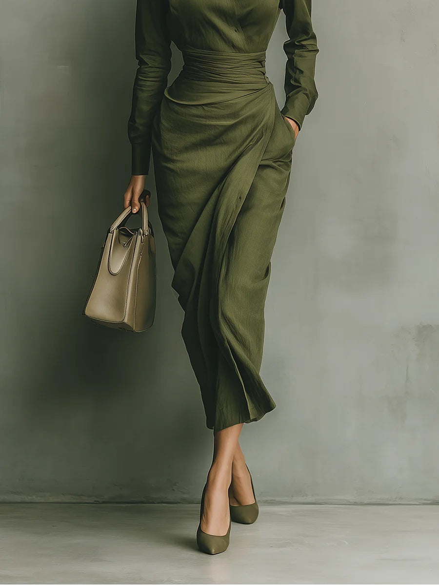 Martina-Vestido largo mezclado de algodón verde ejército