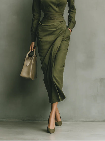 Martina | Vestido largo mezclado de algodón verde ejército