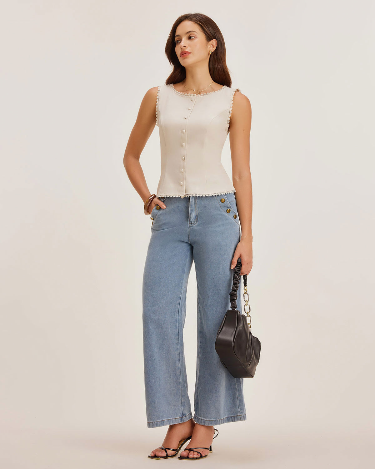 Blanca-Chaleco de color albaricoque con cuello en forma de barco y botones